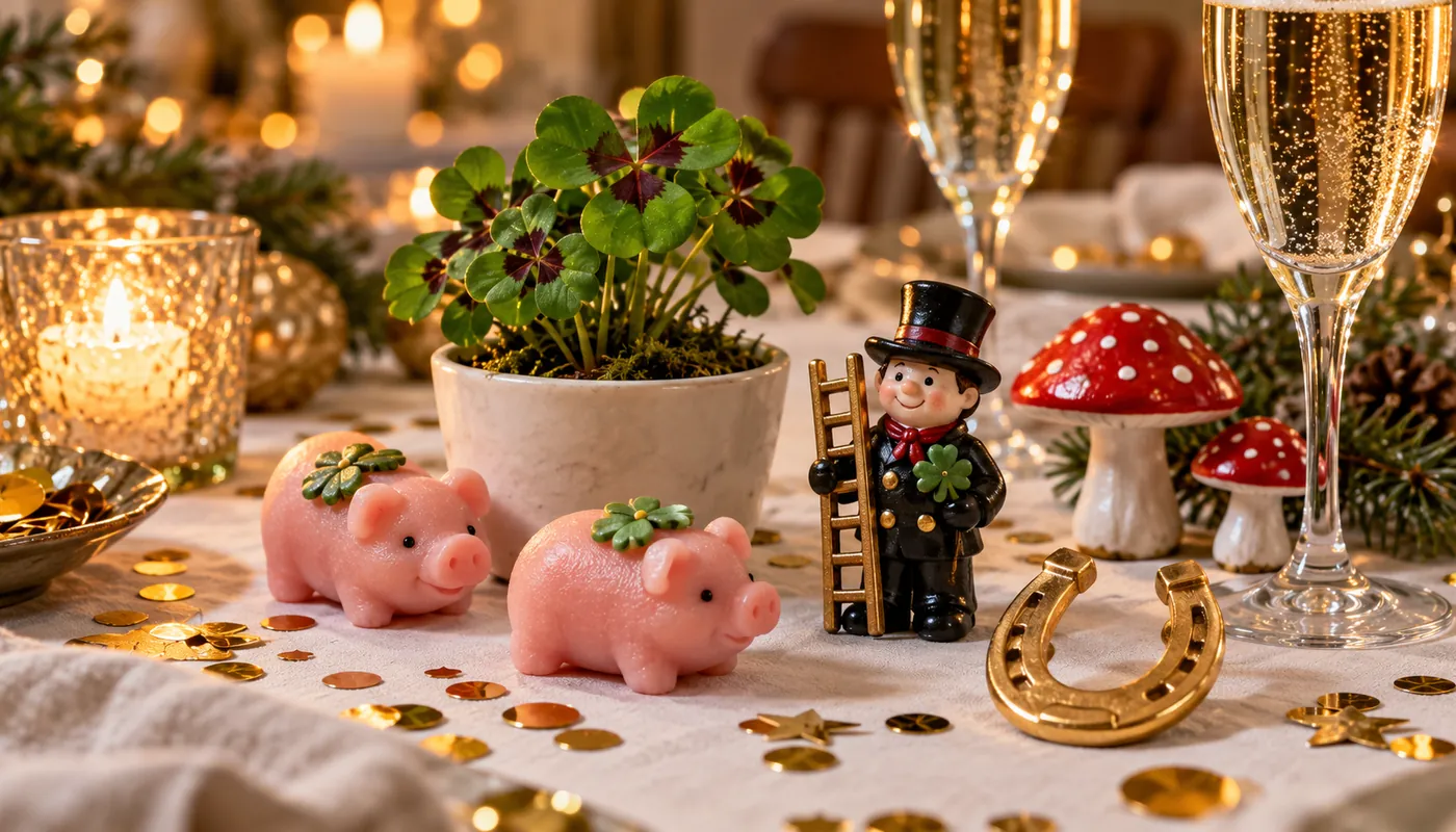 Glücksbringer zu Silvester: Marzipanschweinchen, Rauchfangkehrer, Kleeblatt, Hufeisen und Fliegenpilze neben Sektgläsern