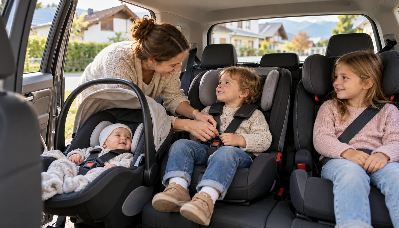 Drei Kindersitze nebeneinander auf der Rückbank eines SUV, die Mutter schnallt das Kleinkind an