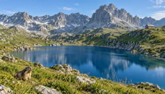 Bergsee mit Murmeltier und Kalkgipfeln im Rätikon (Illustration)