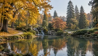 Teich mit kleinem Wasserfall und herbstlich gefärbten Bäumen in einem Stadtpark (Illustration)