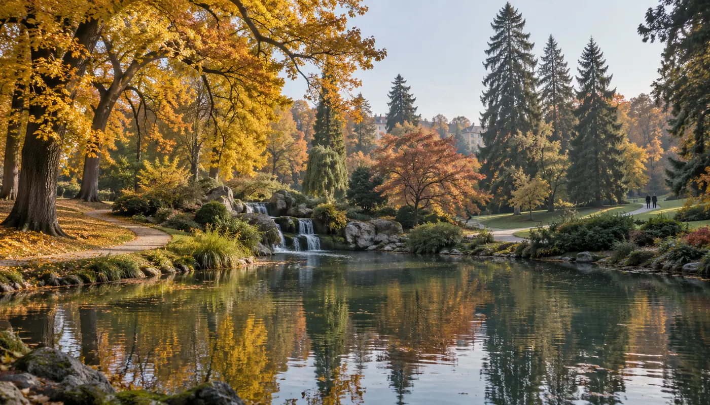 Teich mit kleinem Wasserfall und herbstlich gefärbten Bäumen in einem Stadtpark (Illustration)