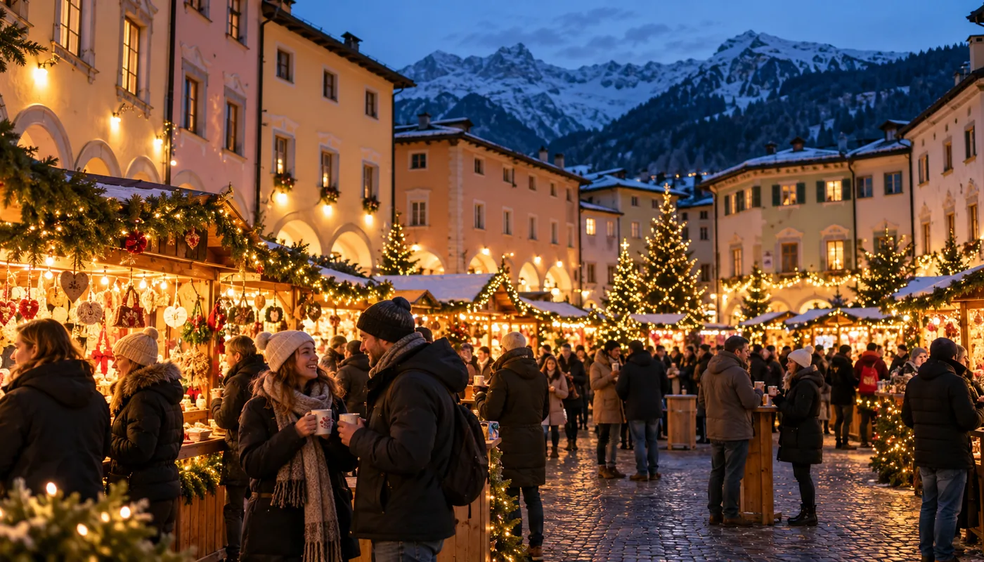 Christkindlmarkt in einer Südtiroler Altstadt in der Abenddämmerung mit beleuchteten Holzhütten