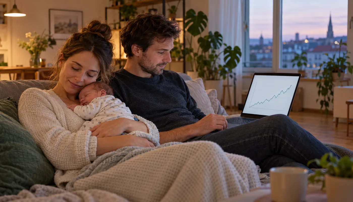 Eltern mit Neugeborenem auf dem Sofa, der Vater sieht sich am Laptop einen Sparplan an